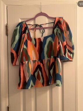 crosby. Multicolor Abstract Puff-Sleeve Square Neck Top